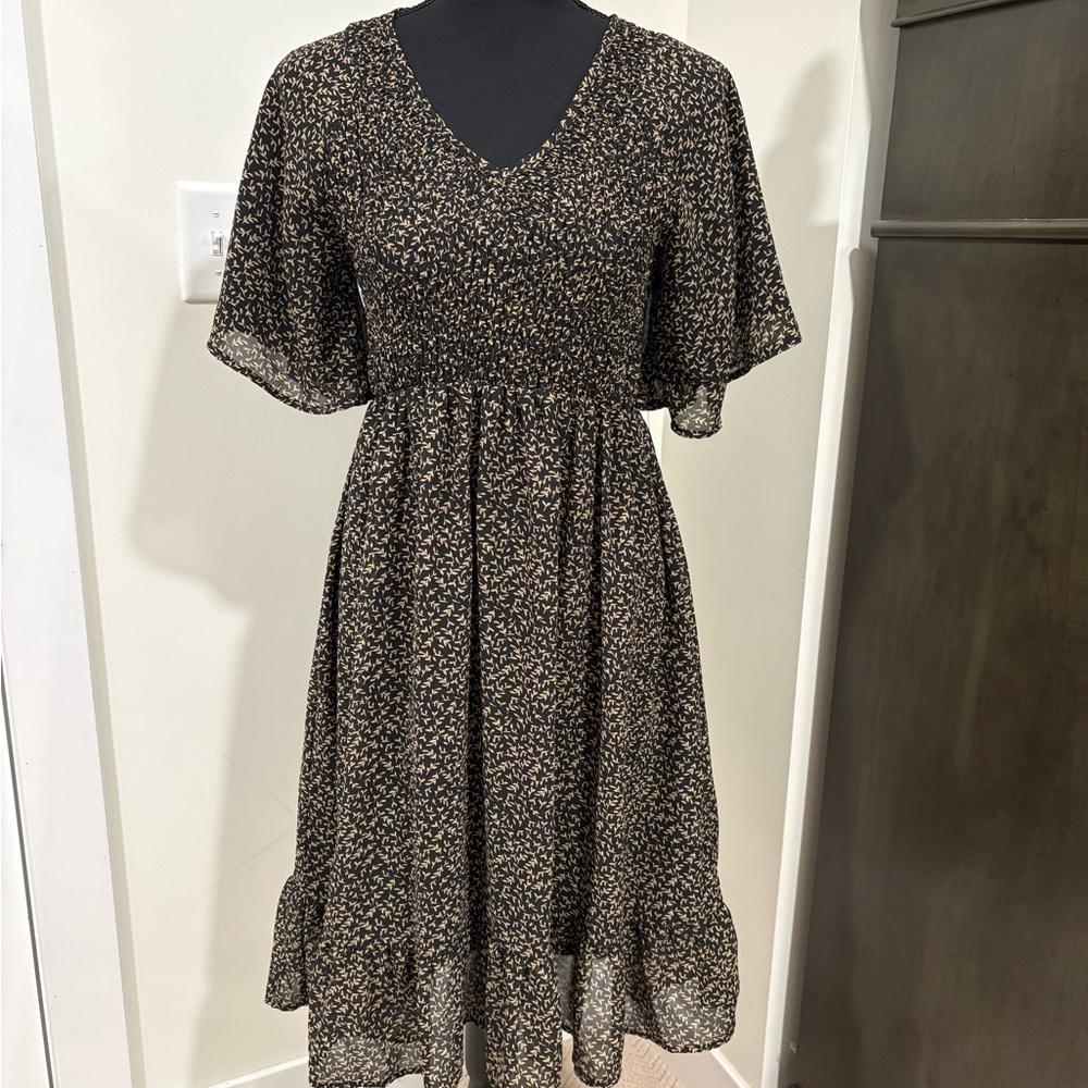 Mikarose Black Dress with Beige Floral Print Midi